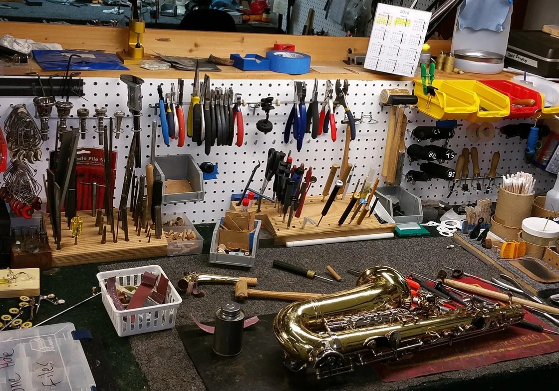 A workbench with instruments and tools used for service